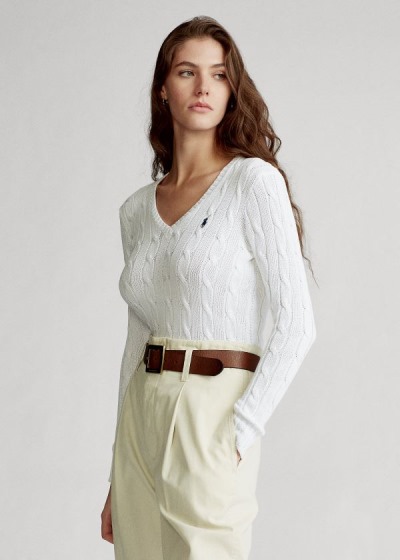 Sueter Polo Ralph Lauren Mujer Blancos - Cable-Knit V-Neck - CFBME9130